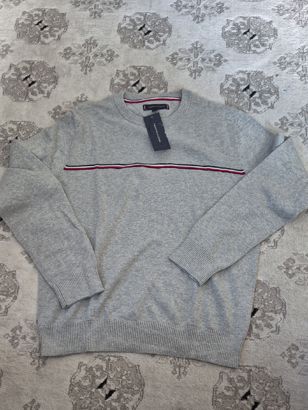 M: Tommy Hilfiger Grey Crewneck Sweater with Signature Stripe